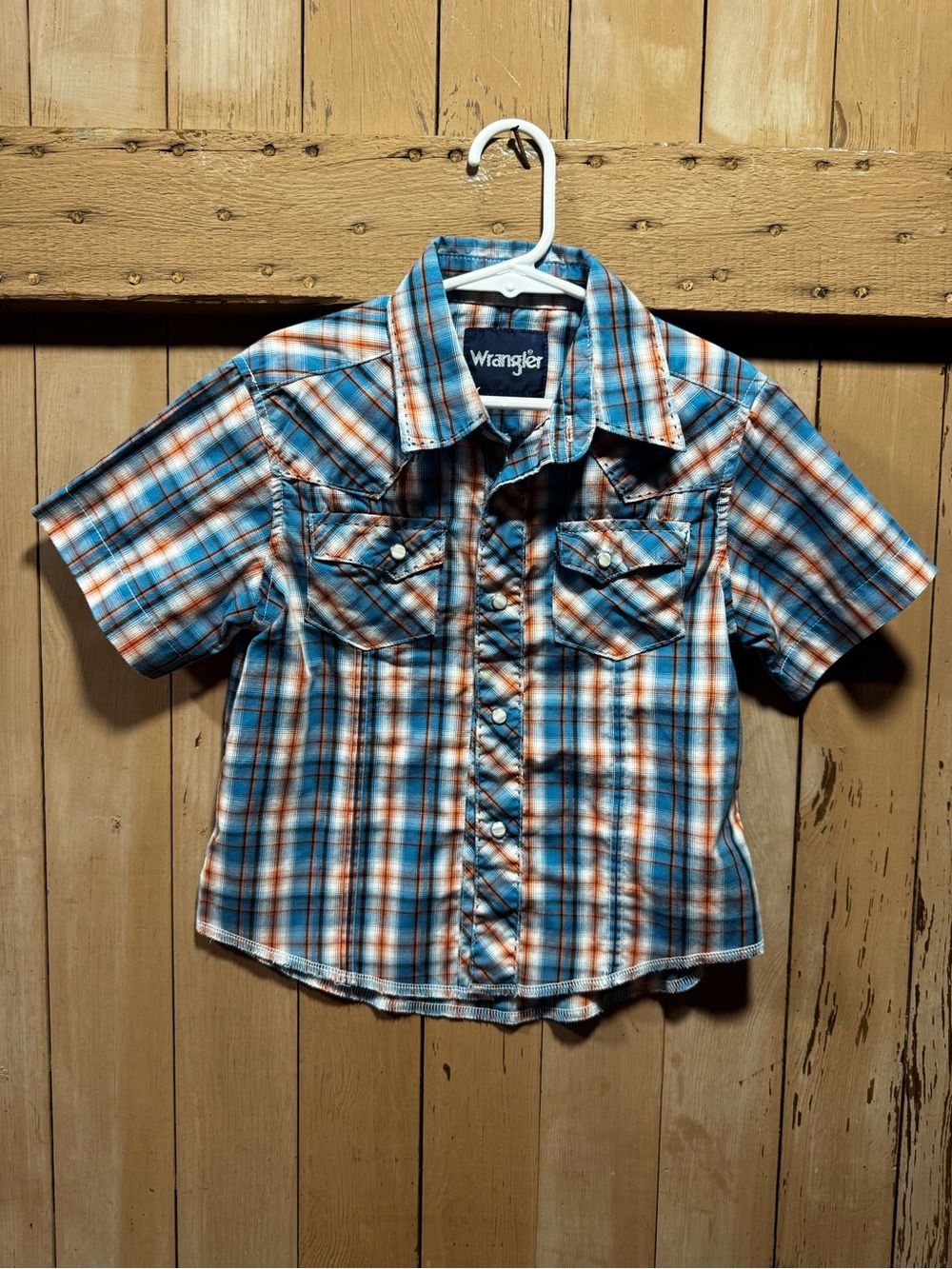 Wrangler Toddler Boy Pearl Snap Blue & Orange Plaid Short-Sleeve Western Shirt